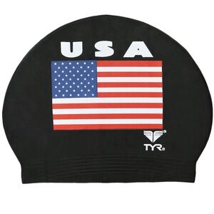TYR Black Swim Cap with USA Flag Design